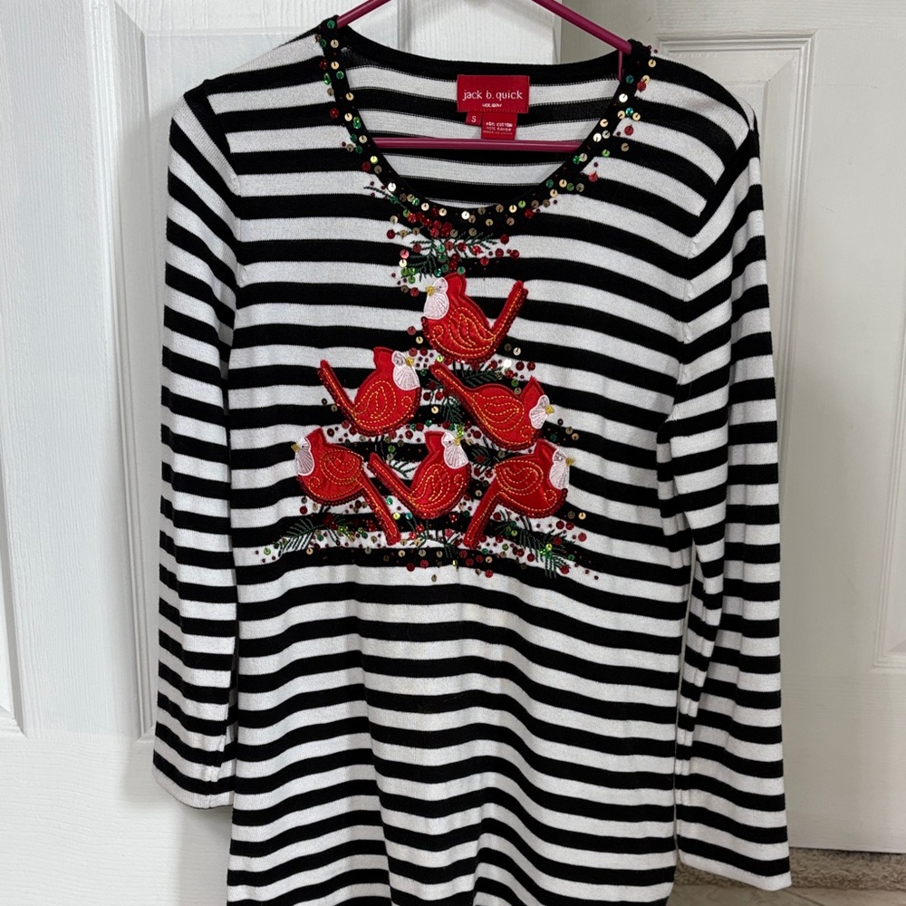 Holiday Top with Red Cardinals and  Red and Green Sequins.
